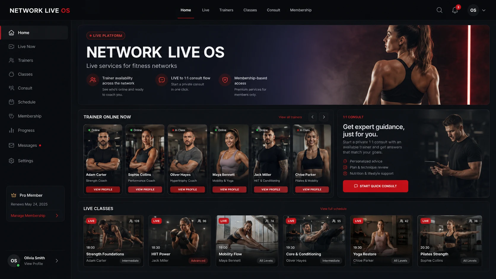 Network Live OS platform for fitness networks