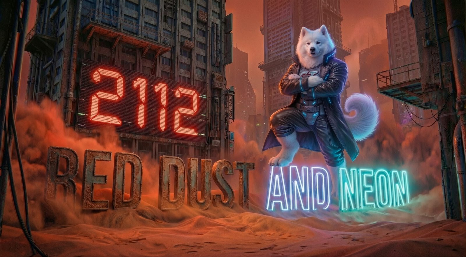 Red Dust and Neon: 2112 key art, a samoyed hero in a neon-trimmed leather coat above the red dust ruins of a megacity